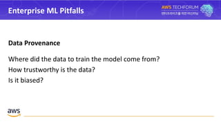 Enterprise ML Pitfalls
Data Provenance
Where did the data to train the model come from?
How trustworthy is the data?
Is it biased?
 