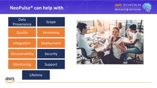 Data
Provenance
Scope
Quality Versioning
Integration Deployment
Discoverability Security
Monitoring Support
Lifetime
NeoPulse® can help with
 