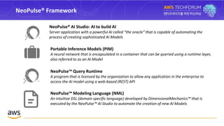 Portable Inference Models (PIM)
A neural network that is encapsulated in a container that can be queried using a runtime layer,
also referred to as an AI Model
NeoPulse® AI Studio: AI to build AI
Server application with a powerful AI called “the oracle” that is capable of automating the
process of creating sophisticated AI Models
NeoPulse™ Query Runtime
A program that is licensed by the organization to allow any application in the enterprise to
access the AI model using a web-based (REST) API
NeoPulse™ Modeling Language (NML)
An intuitive DSL (domain specific language) developed by DimensionalMechanics™ that is
executed by the NeoPulse™ AI Studio to automate the creation of new AI Models
NeoPulse® Framework
 