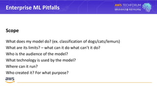 Enterprise ML Pitfalls
Scope
What does my model do? (ex. classification of dogs/cats/lemurs)
What are its limits? – what can it do what can’t it do?
Who is the audience of the model?
What technology is used by the model?
Where can it run?
Who created it? For what purpose?
 