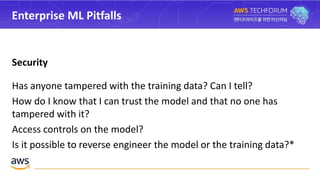 Enterprise ML Pitfalls
Security
Has anyone tampered with the training data? Can I tell?
How do I know that I can trust the model and that no one has
tampered with it?
Access controls on the model?
Is it possible to reverse engineer the model or the training data?*
 