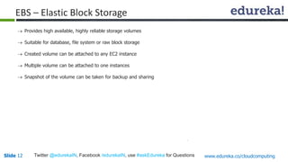 Slide 12Slide 12 www.edureka.co/cloudcomputingTwitter @edurekaIN, Facebook /edurekaIN, use #askEdureka for Questions
 Provides high available, highly reliable storage volumes
 Suitable for database, file system or raw block storage
 Created volume can be attached to any EC2 instance
 Multiple volume can be attached to one instances
 Snapshot of the volume can be taken for backup and sharing
EBS – Elastic Block Storage
 