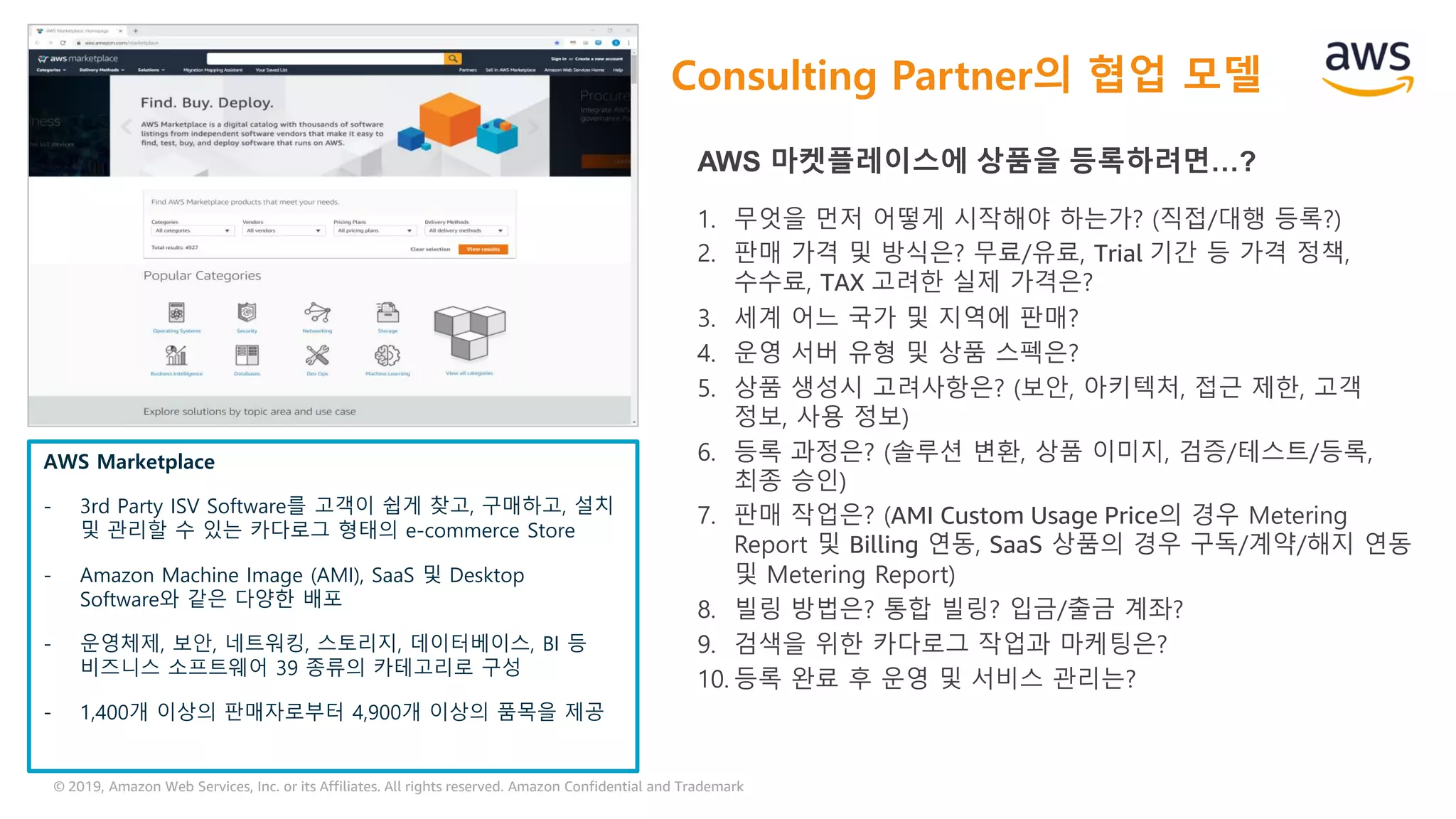 © 2019, Amazon Web Services, Inc. or its Affiliates. All rights reserved. Amazon Confidential and Trademark
AWS 마켓플레이스에 상품을 등록하려면…?
1. 무엇을 먼저 어떻게 시작해야 하는가? (직접/대행 등록?)
2. 판매 가격 및 방식은? 무료/유료, Trial 기간 등 가격 정책,
수수료, TAX 고려한 실제 가격은?
3. 세계 어느 국가 및 지역에 판매?
4. 운영 서버 유형 및 상품 스펙은?
5. 상품 생성시 고려사항은? (보안, 아키텍처, 접근 제한, 고객
정보, 사용 정보)
6. 등록 과정은? (솔루션 변환, 상품 이미지, 검증/테스트/등록,
최종 승인)
7. 판매 작업은? (AMI Custom Usage Price의 경우 Metering
Report 및 Billing 연동, SaaS 상품의 경우 구독/계약/해지 연동
및 Metering Report)
8. 빌링 방법은? 통합 빌링? 입금/출금 계좌?
9. 검색을 위한 카다로그 작업과 마케팅은?
10. 등록 완료 후 운영 및 서비스 관리는?
Consulting Partner의 협업 모델
AWS Marketplace
- 3rd Party ISV Software를 고객이 쉽게 찾고, 구매하고, 설치
및 관리할 수 있는 카다로그 형태의 e-commerce Store
- Amazon Machine Image (AMI), SaaS 및 Desktop
Software와 같은 다양한 배포
- 운영체제, 보안, 네트워킹, 스토리지, 데이터베이스, BI 등
비즈니스 소프트웨어 39 종류의 카테고리로 구성
- 1,400개 이상의 판매자로부터 4,900개 이상의 품목을 제공
 