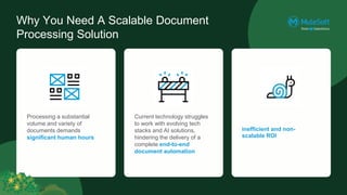 Processing a substantial
volume and variety of
documents demands
significant human hours
Why You Need A Scalable Document
Processing Solution
Current technology struggles
to work with evolving tech
stacks and AI solutions,
hindering the delivery of a
complete end-to-end
document automation
The makeshift, point-to-point
solution results in an
inefficient and non-
scalable ROI
 