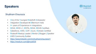 Speakers
• One of the Youngest MuleSoft Ambassdor
• Integration Developer in Billennium India
• 4+ years of Experience in Integrations
• MCIA, MCD L1, MCPA, MCIA, MCHS Certified,
• Salesforce, AWS, GCP, Azure, Workato Certified
• Mulesoft Meetup Leader | Mentor | Blogger | Speaker
• AWS Community Builder
• https://www.linkedin.com/in/shubhamchaurasia1/
• https://medium.com/@myid535
Shubham Chaurasia
 