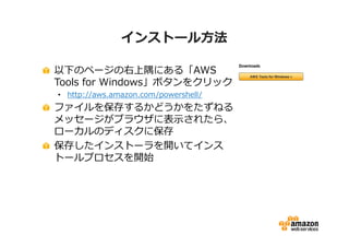 インストール方法
以下のページの右上隅にある「AWS
Tools for Windows」ボタンをクリック
• http://aws.amazon.com/powershell/

ファイルを保存するかどうかをたずねる
メッセージがブラウザに表示されたら、
ローカルのディスクに保存
保存したインストーラを開いてインス
トールプロセスを開始

 