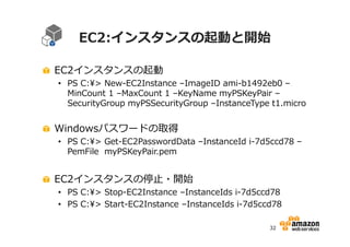 EC2:インスタンスの起動と開始
EC2インスタンスの起動

• PS C:> New-EC2Instance –ImageID ami-b1492eb0 –
MinCount 1 –MaxCount 1 –KeyName myPSKeyPair –
SecurityGroup myPSSecurityGroup –InstanceType t1.micro

Windowsパスワードの取得

• PS C:> Get-EC2PasswordData –InstanceId i-7d5ccd78 –
PemFile myPSKeyPair.pem

EC2インスタンスの停止・開始

• PS C:> Stop-EC2Instance –InstanceIds i-7d5ccd78
• PS C:> Start-EC2Instance –InstanceIds i-7d5ccd78
32

 