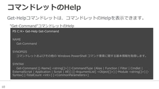 10
コマンドレットのHelp
Get-‐‑‒Helpコマンドレットは、コマンドレットのHelpを表⽰示できます。
PS  C:>  Get-‐‑‒Help  Get-‐‑‒Command
NAME
        Get-‐‑‒Command
        
SYNOPSIS
        コマンドレットおよびその他の  Windows  PowerShell  コマンド要素に関する基本情報を取得します。
        
SYNTAX
        Get-‐‑‒Command  [[-‐‑‒Name]  <string[]>]  [-‐‑‒CommandType  {Alias  |  Function  |  Filter  |  Cmdlet  |  
ExternalScript  |  Application  |  Script  |  All}]  [[-‐‑‒ArgumentList]  <Object[]>]  [-‐‑‒Module  <string[]>]  [-‐‑‒
Syntax]  [-‐‑‒TotalCount  <int>]  [<CommonParameters>]
        
"Get-‐‑‒Command"コマンドレットのHelp
 