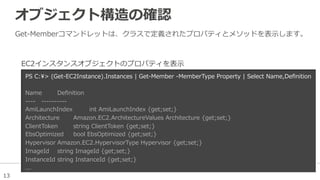 13
オブジェクト構造の確認
Get-‐‑‒Memberコマンドレットは、クラスで定義されたプロパティとメソッドを表⽰示します。
PS  C:>  (Get-‐‑‒EC2Instance).Instances  |  Get-‐‑‒Member  -‐‑‒MemberType  Property  |  Select  Name,Deﬁnition
  
Name Deﬁnition                                                                                                                                                                                                  
-‐‑‒-‐‑‒-‐‑‒-‐‑‒ -‐‑‒-‐‑‒-‐‑‒-‐‑‒-‐‑‒-‐‑‒-‐‑‒-‐‑‒-‐‑‒-‐‑‒                                                                                                                                                                                                  
AmiLaunchIndex   int  AmiLaunchIndex  {get;set;}                                                                                    
Architecture Amazon.EC2.ArchitectureValues  Architecture  {get;set;}                                                              
ClientToken string  ClientToken  {get;set;}  
EbsOptimized bool  EbsOptimized  {get;set;}  
Hypervisor Amazon.EC2.HypervisorType  Hypervisor  {get;set;}  
ImageId string  ImageId  {get;set;}                  
InstanceId string  InstanceId  {get;set;}
...
EC2インスタンスオブジェクトのプロパティを表⽰示
 