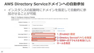 30
AWS  Directory  Serviceドメインへの⾃自動参加
•  インスタンスの起動時にドメインを指定して⾃自動的に参
加させることが可能
1. [Enable]に設定	
2. Directory Serviceドメインを指定	
3. SSMへのアクセスを有効にした
ロールを指定	
 