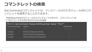 9
コマンドレットの検索索
Get-‐‑‒Commandコマンドレットは、インストールされたモジュール内のコマ
ンドレットを検索索することができます。
PS  C:>  Get-‐‑‒Command  -‐‑‒Module  AWSPowerShell  -‐‑‒Name  “*EC2*”
CommandType          Name                                                                                                                    Deﬁnition
-‐‑‒-‐‑‒-‐‑‒-‐‑‒-‐‑‒-‐‑‒-‐‑‒-‐‑‒-‐‑‒-‐‑‒-‐‑‒                        -‐‑‒-‐‑‒-‐‑‒-‐‑‒                                                                                                                            -‐‑‒-‐‑‒-‐‑‒-‐‑‒-‐‑‒-‐‑‒-‐‑‒-‐‑‒-‐‑‒-‐‑‒                              
Cmdlet                                Add-‐‑‒EC2ClassicLinkVpc                                                                                  ...  
Cmdlet                                Add-‐‑‒EC2InternetGateway                                                                            ...  
Cmdlet                                Add-‐‑‒EC2NetworkInterface                                                                          ...    
"AWSPowerShell"モジュールのコマンドレットの中から、コマンドレット名
に”EC2”という⽂文字列列が含まれるものを取得
 