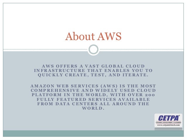 A W S O F F E R S A V A S T G L O B A L C L O U D
I N F R A S T R U C T U R E T H A T E N A B L E S Y O U T O
Q U I C K L Y C R E A T E , T E S T , A N D I T E R A T E .
A M A Z O N W E B S E R V I C E S ( A W S ) I S T H E M O S T
C O M P R E H E N S I V E A N D W I D E L Y U S E D C L O U D
P L A T F O R M I N T H E W O R L D , W I T H O V E R 2 0 0
F U L L Y F E A T U R E D S E R V I C E S A V A I L A B L E
F R O M D A T A C E N T E R S A L L A R O U N D T H E
W O R L D .
About AWS
 