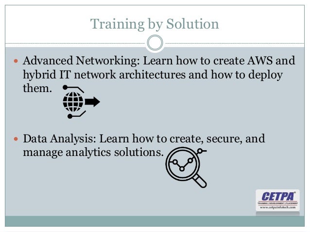 Training by Solution
 Advanced Networking: Learn how to create AWS and
hybrid IT network architectures and how to deploy
them.
 Data Analysis: Learn how to create, secure, and
manage analytics solutions.
 