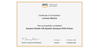 Certificate of Completion
Lorenzo Sbrana
Has successfully completed
Amazon Elastic File System (Amazon EFS) Primer
30 minutes 20 October, 2020
Director, Training and Certification Duration Completion Date
 
