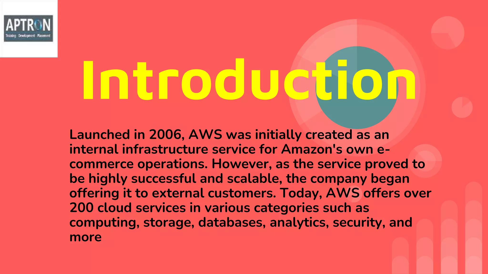 Introduction
Launched in 2006, AWS was initially created as an
internal infrastructure service for Amazon's own e-
commerce operations. However, as the service proved to
be highly successful and scalable, the company began
offering it to external customers. Today, AWS offers over
200 cloud services in various categories such as
computing, storage, databases, analytics, security, and
more
 