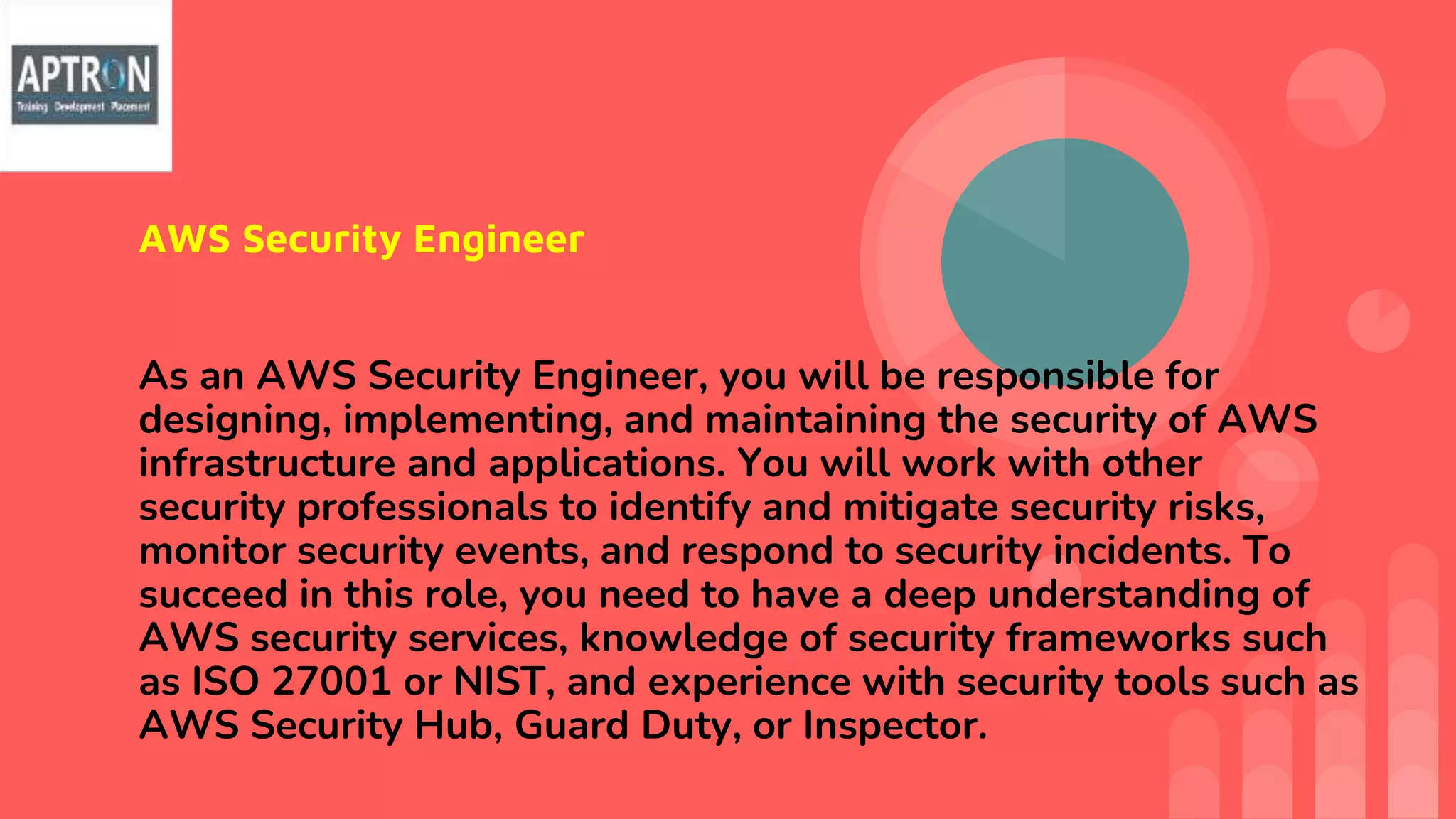 AWS Security Engineer
As an AWS Security Engineer, you will be responsible for
designing, implementing, and maintaining the security of AWS
infrastructure and applications. You will work with other
security professionals to identify and mitigate security risks,
monitor security events, and respond to security incidents. To
succeed in this role, you need to have a deep understanding of
AWS security services, knowledge of security frameworks such
as ISO 27001 or NIST, and experience with security tools such as
AWS Security Hub, Guard Duty, or Inspector.
 
