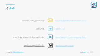 © DIGITAL TRANSFORMATION AWS CDK 23
Q & A
kasundilunika@gmail.com
@dilunika
www.linkedin.com/in/kasundilunika
medium.com/@dilunika
kasun@digitaltransformation.co.nz
@DTL_NZ
www.linkedin.com/company/dtlnz
medium.com/dtlpub
 