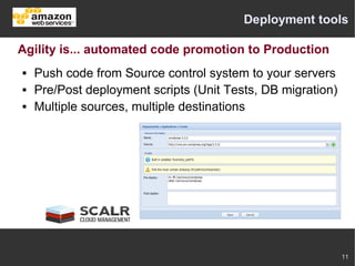 Deployment tools

Agility is... automated code promotion to Production
   Push code from Source control system to your servers
   Pre/Post deployment scripts (Unit Tests, DB migration)
   Multiple sources, multiple destinations




                                                             11
 