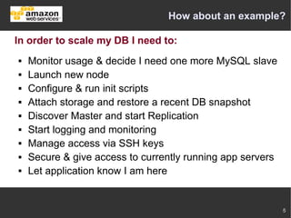 How about an example?

In order to scale my DB I need to:
   Monitor usage & decide I need one more MySQL slave
   Launch new node
   Configure & run init scripts
   Attach storage and restore a recent DB snapshot
   Discover Master and start Replication
   Start logging and monitoring
   Manage access via SSH keys
   Secure & give access to currently running app servers
   Let application know I am here


                                                            5
 