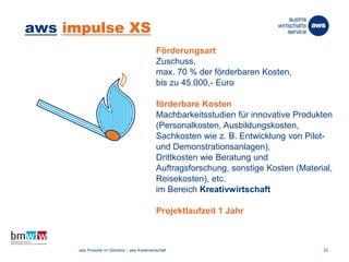 aws impulse XS
Förderungsart
Zuschuss,
max. 70 % der förderbaren Kosten,
bis zu 45.000,- Euro
förderbare Kosten
Machbarkeitsstudien für innovative Produkten
(Personalkosten, Ausbildungskosten,
Sachkosten wie z. B. Entwicklung von Pilot-
und Demonstrationsanlagen),
Drittkosten wie Beratung und
Auftragsforschung, sonstige Kosten (Material,
Reisekosten), etc.
im Bereich Kreativwirtschaft
Projektlaufzeit 1 Jahr
26. März 2014 aws Produkte im Überblick – aws Kreativwirtschaft 23
 