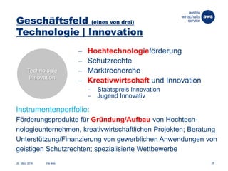 Hochtechnologieförderung
 Schutzrechte
 Marktrecherche
 Kreativwirtschaft und Innovation
 Staatspreis Innovation
 Jugend Innovativ
Instrumentenportfolio:
Förderungsprodukte für Gründung/Aufbau von Hochtech-
nologieunternehmen, kreativwirtschaftlichen Projekten; Beratung
Unterstützung/Finanzierung von gewerblichen Anwendungen von
geistigen Schutzrechten; spezialisierte Wettbewerbe
26. März 2014 28
Technologie
Innovation
Geschäftsfeld (eines von drei)
Technologie | Innovation
Die aws
 