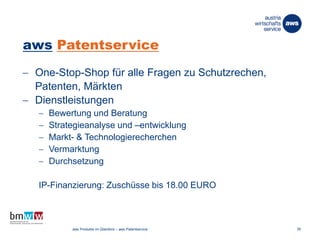 aws Patentservice
 One-Stop-Shop für alle Fragen zu Schutzrechen,
Patenten, Märkten
 Dienstleistungen
 Bewertung und Beratung
 Strategieanalyse und –entwicklung
 Markt- & Technologierecherchen
 Vermarktung
 Durchsetzung
IP-Finanzierung: Zuschüsse bis 18.00 EURO
26. März 2014 aws Produkte im Überblick – aws Patentservice 39
 