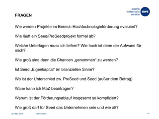 26. März 2014 Über die aws 41
FRAGEN
Wie werden Projekte im Bereich Hochtechnologieförderung evaluiert?
Wie läuft ein Seed/PreSeedprojekt formal ab?
Welche Unterlagen muss ich liefern? Wie hoch ist denn der Aufwand für
mich?
Wie groß sind denn die Chancen „genommen“ zu werden?
Ist Seed „Eigenkapital“ im bilanziellen Sinne?
Wo ist der Unterschied zw. PreSeed und Seed (außer dem Betrag)
Wann kann ich MaZ beantragen?
Warum ist der Förderungsablauf insgesamt so kompliziert?
Wie groß darf für Seed das Unternehmen sein und wie alt?
 