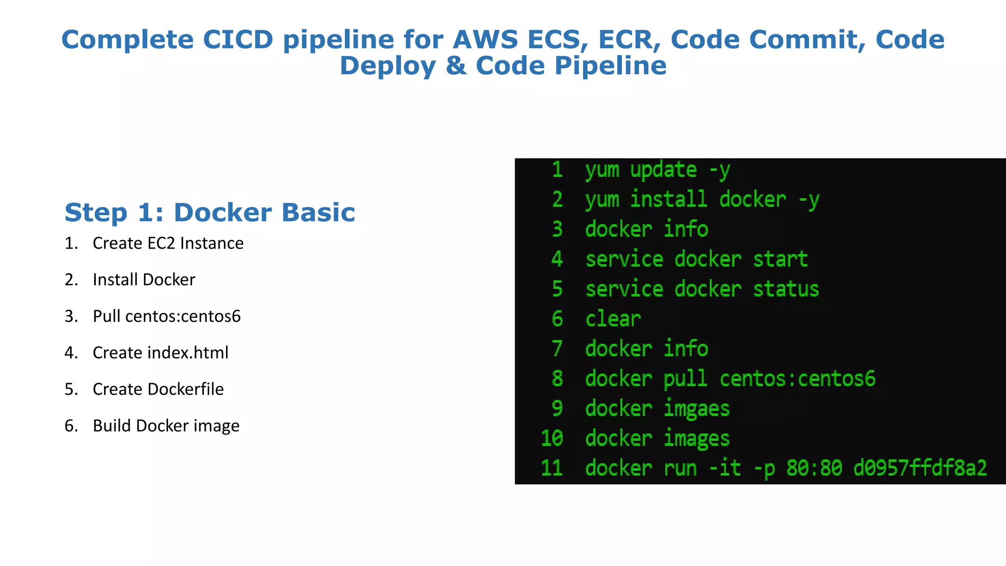 Complete CICD pipeline for AWS ECS, ECR, Code Commit, Code Deploy & Code Pipeline Step 1: Docker Basic 1. Create EC2 Instance 2. Install Docker 3. Pull centos:centos6 4. Create index.html 5. Create Dockerfile 6. Build Docker image 
