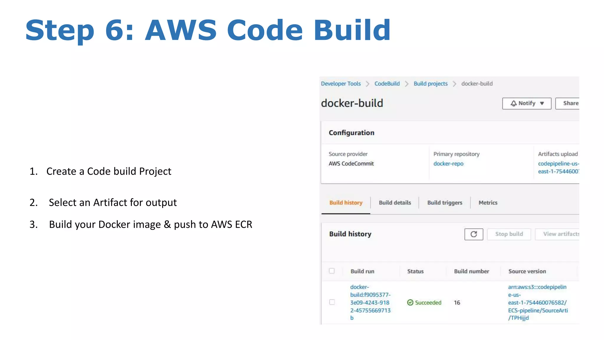 Step 6: AWS Code Build 1. Create a Code build Project 2. Select an Artifact for output 3. Build your Docker image & push to AWS ECR 