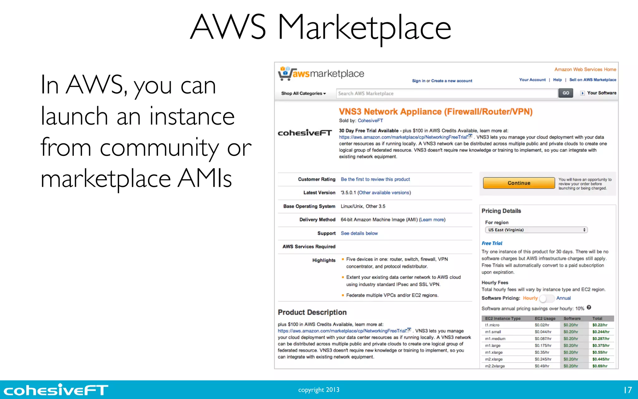 copyright 2013
AWS Marketplace
In AWS, you can
launch an instance
from community or
marketplace AMIs
17
 
