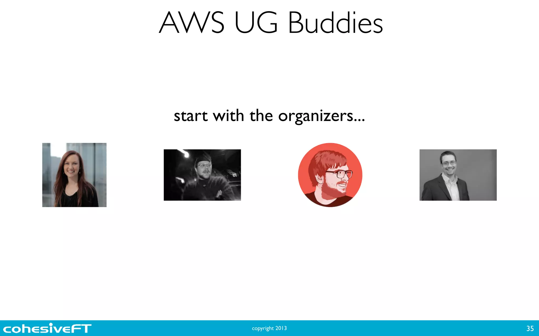 copyright 2013
AWS UG Buddies
35
start with the organizers...
 