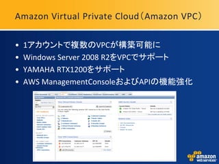 Amazon Virtual Private Cloud（Amazon VPC）

•   1アカウントで複数のVPCが構築可能に
•   Windows Server 2008 R2をVPCでサポート
•   YAMAHA RTX1200をサポート
•   AWS ManagementConsoleおよびAPIの機能強化
 