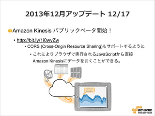 2013年年12⽉月アップデート  12/17
Amazon Kinesis パブリックベータ開始！
• http://bit.ly/1i0wvZw
• CORS (Cross-Origin Resource Sharing)もサポートするように
• これによりブラウザで実行されるJavaScriptから直接
Amazon Kinesisにデータをおくことができる。

 