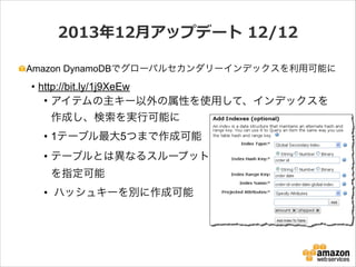 2013年年12⽉月アップデート  12/12
Amazon DynamoDBでグローバルセカンダリーインデックスを利用可能に

• http://bit.ly/1j9XeEw
• アイテムの主キー以外の属性を使用して、インデックスを

作成し、検索を実行可能に
• 1テーブル最大5つまで作成可能
• テーブルとは異なるスループット 
を指定可能
• ハッシュキーを別に作成可能

 
