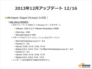 2013年年12⽉月アップデート  12/16
VM Import / Export がLinuxにも対応！
• http://bit.ly/1fDt0EX
• 次のフォーマットの64ビットのLinuxイメージをサポート
• VMware - ESX および VMware Workstation VMDK
• Citrix Xen - VHD
• Microsoft Hyper-V VHD
• サポートするディストリビューションおよびバージョン
• Red Hat Enterprise Linux 5.1 - 6.5
• Centos 5.1 - 6.5
• Ubuntu 12.04, 12.10, 13.04, 13.10
• Debian 6.0.0 - 6.0.8, 7.0.0 - 7.2.0Red Hat Enterprise Linux 5.1 - 6.5
• Centos 5.1 - 6.5
• Ubuntu 12.04, 12.10, 13.04, 13.10
• Debian 6.0.0 - 6.0.8, 7.0.0 - 7.2.0
• インポートはHVM形式でAMIの作成を行う。

 