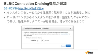 ELBにConnection Draining機能が追加
• インスタンスをサービスから注意深く取り除くことが出来るように
• ロードバランサからインスタンスを外す際、設定したタイムアウト
の間は、処理中のリクエストがある場合、待ってくれるように
2014/03/20 http://bit.ly/1gE1QLw
 