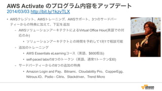 AWS Activate のプログラム内容をアップデート
• AWSクレジット、AWSトレーニング、AWSサポート、3つのサードパー
ティーからの特典に加えて、下記を追加
- AWSソリューションアーキテクトによるVirtual Office Hour(英語での対
応のみ)
• ソリューションアーキテクトとの時間を予約して1対1で相談可能
- 追加のトレーニング
• AWS Essentials eLearningコース（英語、$600相当)
• self-paced labsの8つのトークン（英語、通常1トークン$30)
- サードパーティーからの8つの追加の特典
• Amazon Login and Pay、Bitnami、Cloudability Pro、CopperEgg、
Nitrous.IO、Podio - Citrix、Stackdriver、Trend Micro
2014/03/03 http://bit.ly/1kzvTLX
 