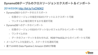 DynamoDBテーブルのクロスリージョンエクスポート＆インポート
• DynamoDBからのデータのエクスポート
- 任意のリージョンの指定のS3のバケットにエクスポート可能
- ワンタイムか毎日実行するかを選択可能
• DynamoDBへのデータのインポート
- 任意のリージョンのS3のバケットないのフォルダからインポート可能
- ワンタイムのみ
- データのフォーマットを合わせれば、RDBやNoSQLからのインポートも可能
• メールアドレスを設定して、ステータスを通知可能
• 裏ではAWS Data PipelineとAmazon EMRが稼働
2014/03/06 http://bit.ly/1oCN0K2
 