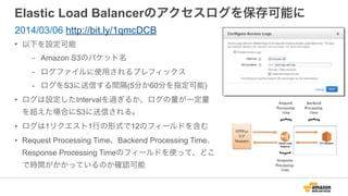 Elastic Load Balancerのアクセスログを保存可能に
• 以下を設定可能
- Amazon S3のバケット名
- ログファイルに使用されるプレフィックス
- ログをS3に送信する間隔(5分か60分を指定可能)
• ログは設定したIntervalを過ぎるか、ログの量が一定量
を超えた場合にS3に送信される。
• ログは1リクエスト1行の形式で12のフィールドを含む
• Request Processing Time、Backend Processing Time、
Response Processing Timeのフィールドを使って、どこ
で時間がかかっているのか確認可能
2014/03/06 http://bit.ly/1qmcDCB
 