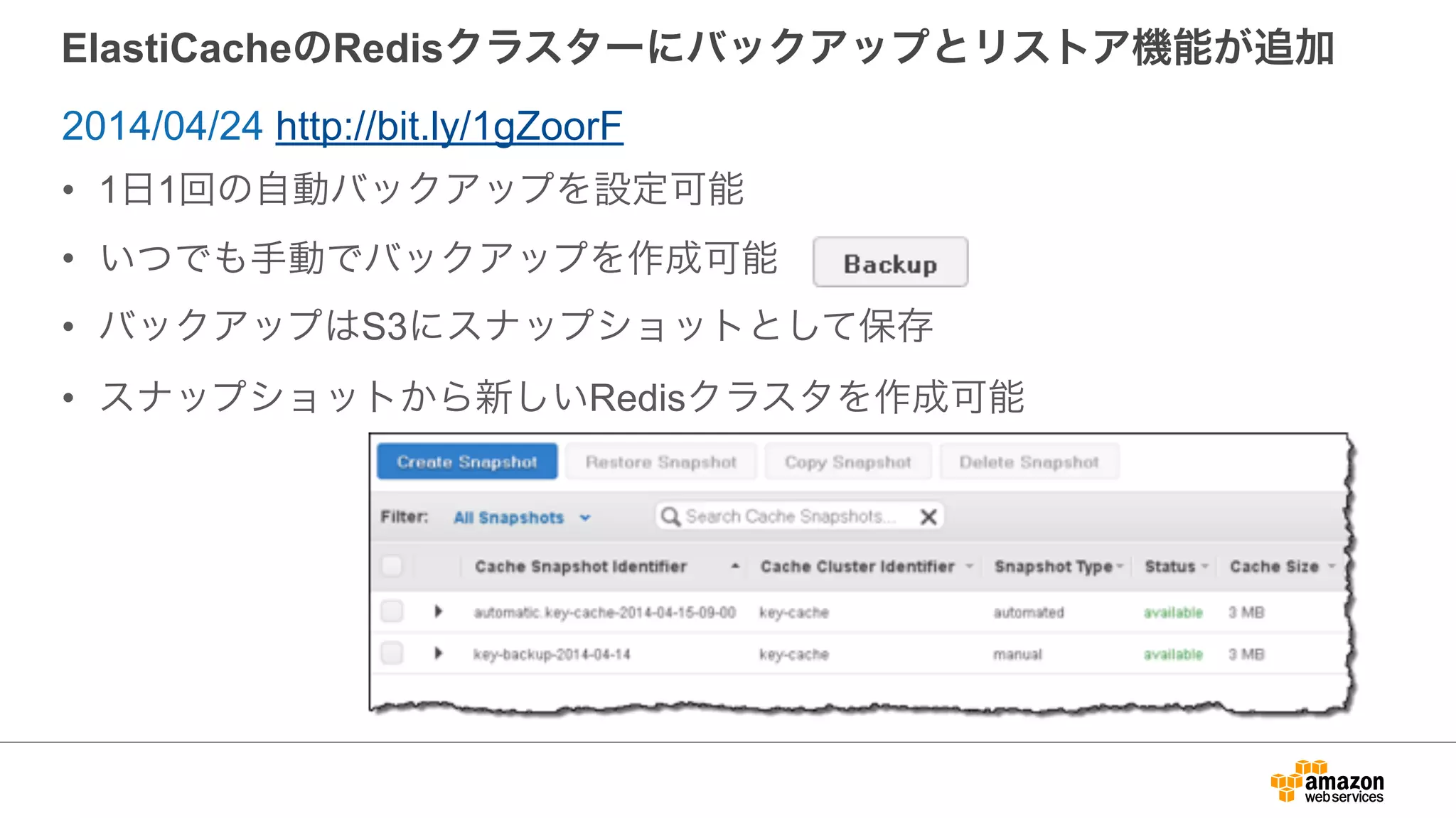 ElastiCacheのRedisクラスターにバックアップとリストア機能が追加
• 1日1回の自動バックアップを設定可能
• いつでも手動でバックアップを作成可能
• バックアップはS3にスナップショットとして保存
• スナップショットから新しいRedisクラスタを作成可能
2014/04/24 http://bit.ly/1gZoorF
 