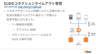 ELBのコネクションタイムアウト管理
• これまでサポートにご依頼いただく必要のあった 
ELBの接続タイムアウト値がユーザ様から 
変更可能になりました。
- 1∼3600秒の範囲
• デフォルト 60秒
- マネージメントコンソールおよび 
CLIから操作可能
2014/07/25 http://bit.ly/1rQlCw4
 