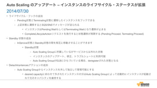 Auto Scaling のアップデート – インスタンスのライフサイクル・ステータスが拡張
• ライフサイクル・フックの追加
- Pending状態とTerminating状態に遷移したインスタンスをフックできる
- 上記状態に遷移するとSQS/SNSでメッセージが送られる
• インスタンスはPending:WaitもしくはTerminating:Waitとなり遷移が止まる
• CompleteLifecycleActionリクエストを発行すると状態遷移が再開する (Pending:Proceed, Termiating:Proceed)
• Standby 状態の追加
- InService状態とStandby状態の間を相互に移動させることができます
• Standby状態
- Auto Scaling Groupに所属しているがサービスからは外れた状態
- インスタンスのアップデート、修正、トラブルシュートに利用可能
- Auto Scaling GroupがELBにひもづいている場合、deregisterされた状態となる
• DetachInsntancesアクションの追加
- Auto Scaling Groupからインスタンスを外して独立して管理可能にする
• desired capacityにあわせて外されたインスタンスの分はAuto Scaling Groupによって自動的にインスタンスが起動さ
れて元のキャパシティを維持する
2014/07/30
 