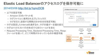 Elastic Load Balancerのアクセスログを保存可能に
•  以下を設定可能
–  Amazon S3のバケット名
–  ログファイルに使用されるプレフィックス
–  ログをS3に送信する間隔(5分か60分を指定可能)
•  ログは設定したIntervalを過ぎるか、ログの量が一定量を超えた場合にS3に送信される。
•  ログは1リクエスト1行の形式で12のフィールドを含む
•  Request Processing Time、Backend Processing Time、Response Processing Timeの
フィールドを使って、どこで時間がかかっているのか確認可能
2014/03/06 http://bit.ly/1qmcDCB
 