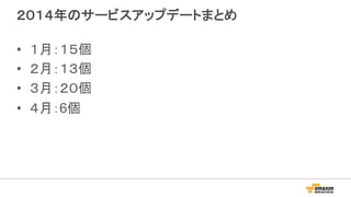 ２０１４年のサービスアップデートまとめ
•  １月：１５個
•  ２月：１３個
•  ３月：２０個
•  ４月：6個
 