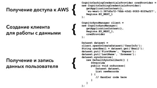 {Получение доступа к AWS
{
{
Создание клиента 
для работы с данными
Получение и запись 
данных пользователя
 
