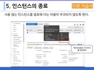 5. 인스턴스의 종료
사용 않는 인스턴스를 종료해 더는 비용이 부과되지 않도록 한다.
Terminate는 인스턴스
를 제거한다
 