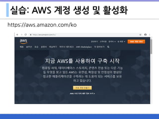 실습: AWS 계정 생성 및 활성화
https://aws.amazon.com/ko
 