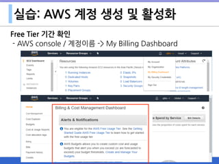 실습: AWS 계정 생성 및 활성화
Free Tier 기간 확인
- AWS console / 계정이름 -> My Billing Dashboard
 