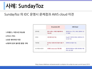 사례: SundayToz
SundayToz 의 IDC 운영시 문제점과 AWS cloud 이전
https://www.slideshare.net/awskorea/idc-sundaytoz-td-sunday-toz-aws-summit-seoul-2019
 