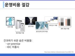 운영비용 절감
간과하기 쉬운 숨은 비용들:
- on-premise
- IDC 이용시
https://www.slideshare.net/awskorea/aws-9-aws-80631736
 